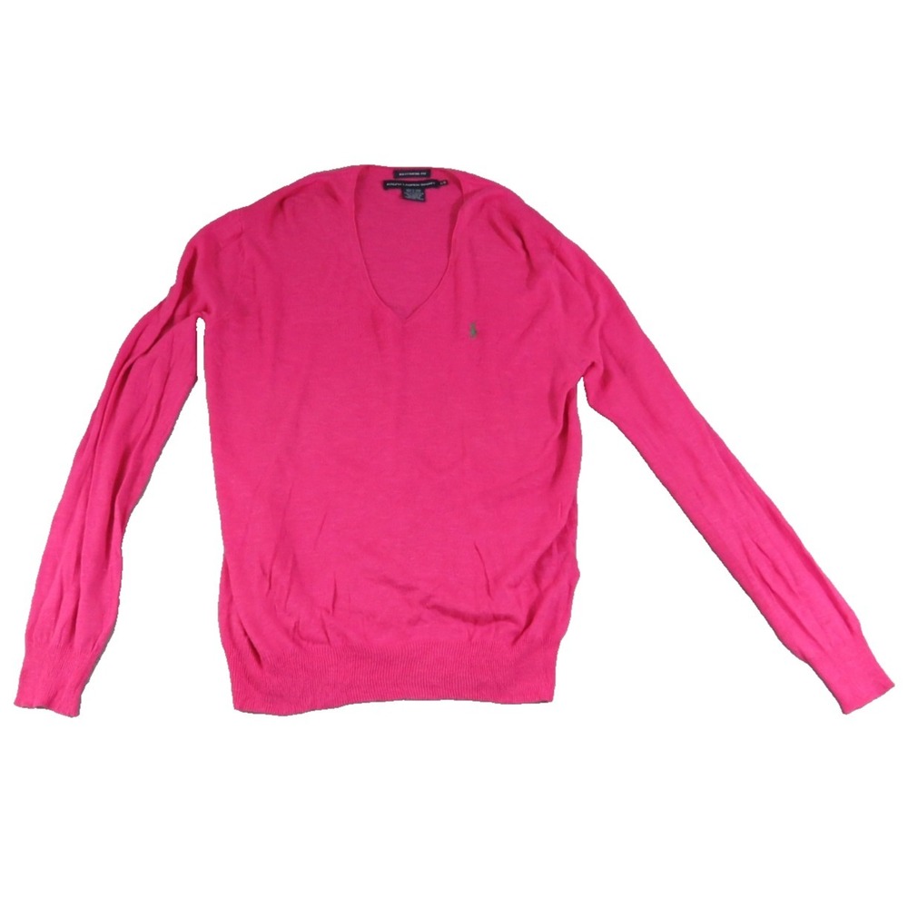 Ralph Lauren Preppy Sport Sweater Womens L Pink V Neck Pony Logo Cotton Linen